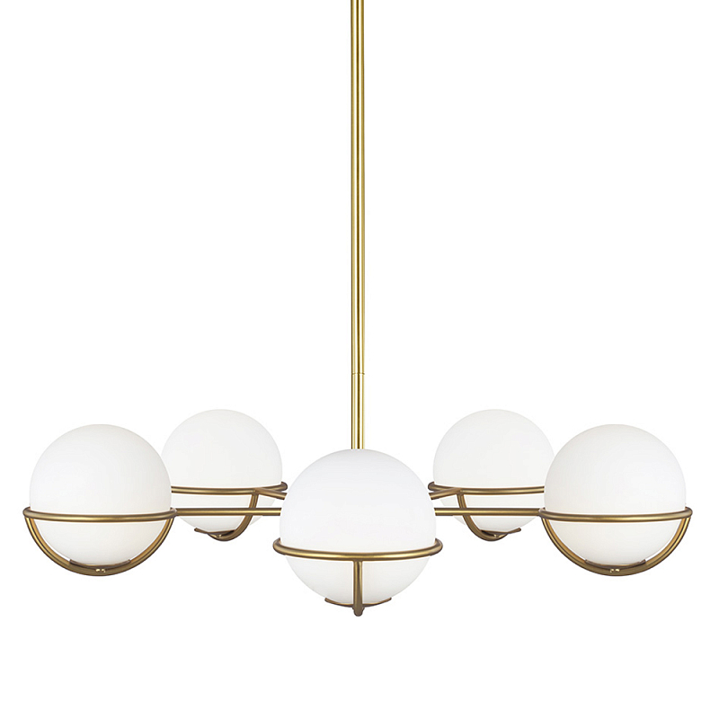 Люстра с 5-ю белыми шарообразными плафонами в сферические каркасах Feiss Латунь Белый в Москве | Loft Concept 
