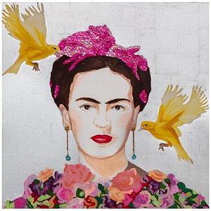 Картина Frida with Yellow Flying Parakeets, Flower Bouquet Dress and Silver Leaf Background