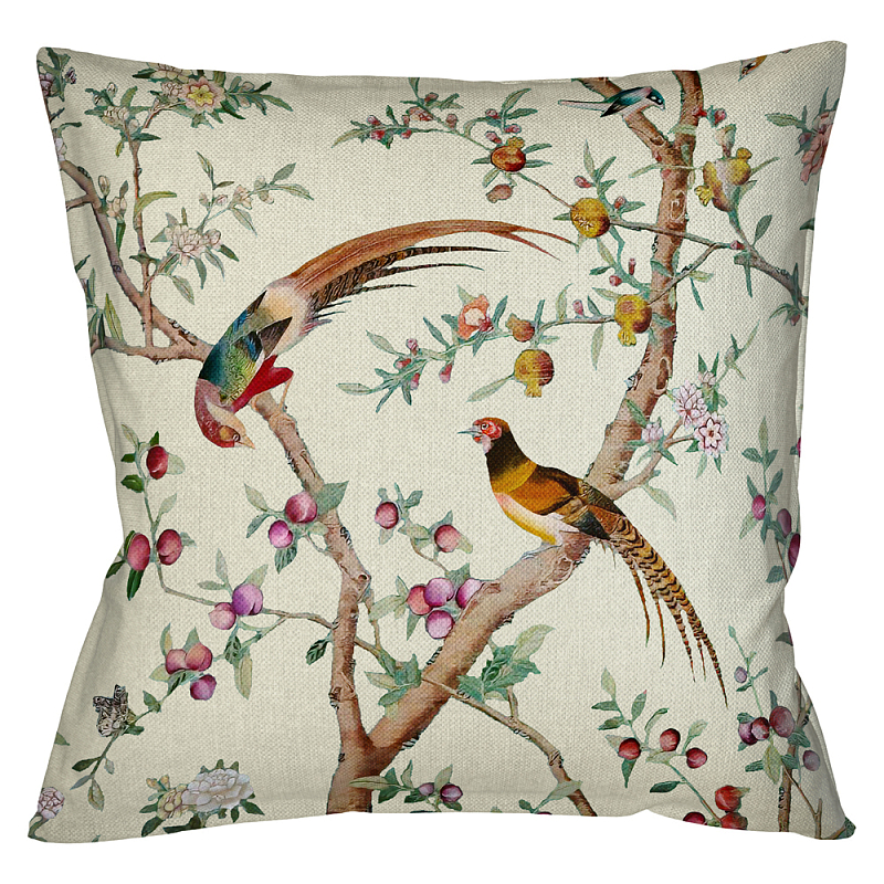        Beige Chinoiserie Birds in the Peach Orchard Cushion     | Loft Concept 