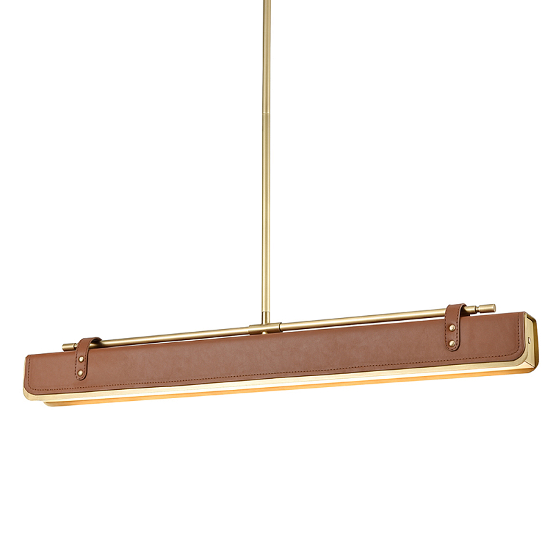 Подвесной светильник линейный латунного цвета в кожаном коричневом чехле и декоративными ремешками Alora Латунь Коричневый в Москве | Loft Concept 