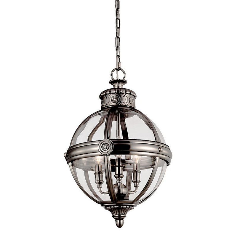 Подвесной светильник с прозрачным стеклянным плафоном в форме шара цвета никеля в индустриальном стиле на цепи 3 лампы Feiss Никель Прозрачное Стекло в Москве | Loft Concept 