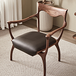 Стул деревянный с мягким сиденьем из коричневой натуральной кожи Moon Walnut Furniture варинант исполнения - 5 | Loft Concept в Москве