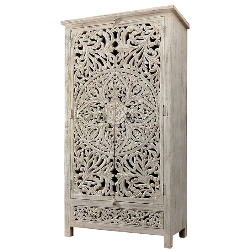 Шкаф с орнаментом ручная резьба из дерева Indian Antique Furniture Серый Шкаф с орнаментом ручная резьба из дерева Indian Antique Furniture Серый в Москве | Loft Concept
