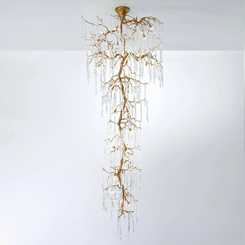 Люстра большая каскадная с прозрачными подвесками в форме капель Droplet Chandelier Золотой Прозрачный Люстра большая каскадная с прозрачными подвесками в форме капель Droplet Chandelier Золотой Прозрачный в Москве | Loft Concept
