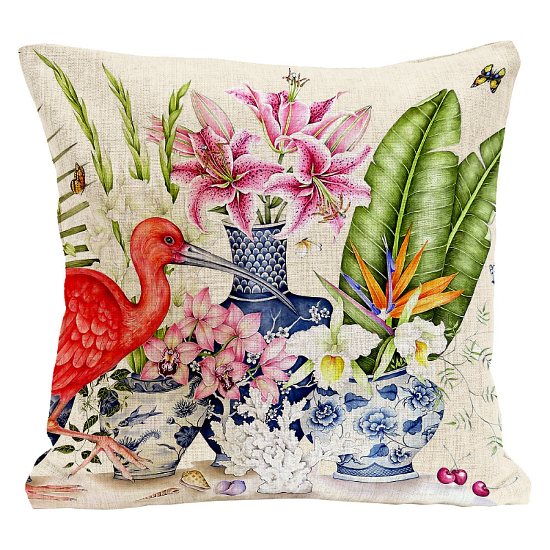  Flowers and Scarlet Ibis Pillow     | Loft Concept 