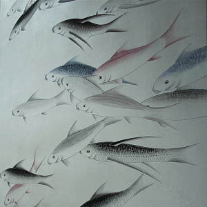 Обои "Рыбы" ручная роспись на серебряной фольге Wallpaper Fish hand-painted