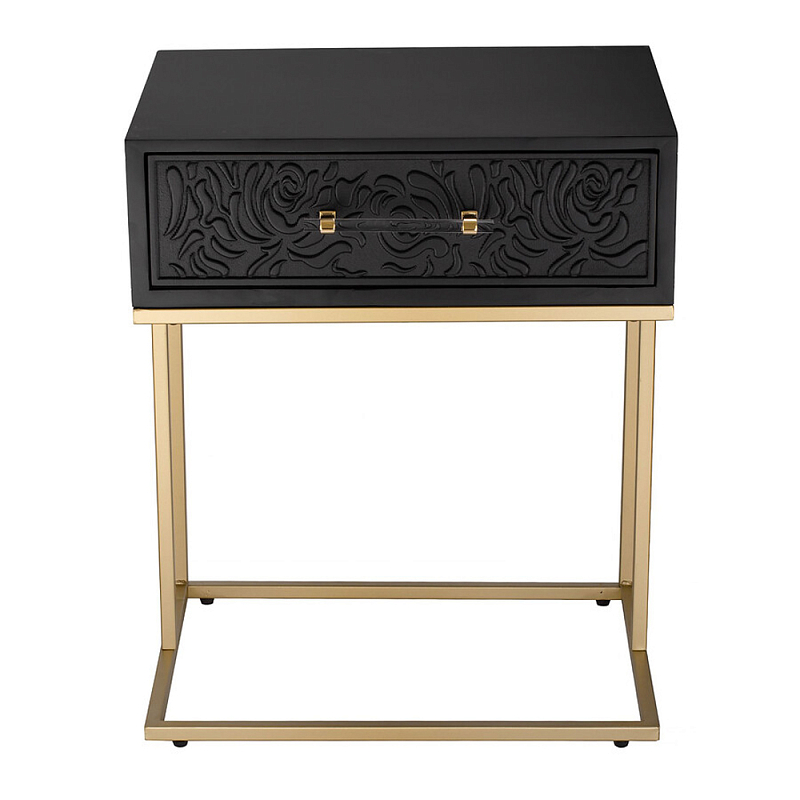 Приставной столик с резным узором на выдвижном ящике Black Table Carved Pattern Черный Золотой в Москве | Loft Concept 