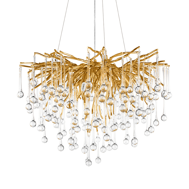 Люстра подвесная с прозрачными стеклянными подвесками в форме капель Диаметр 60 см Droplet Chandelier Прозрачное Стекло Золотой Серебряный в Москве | Loft Concept 