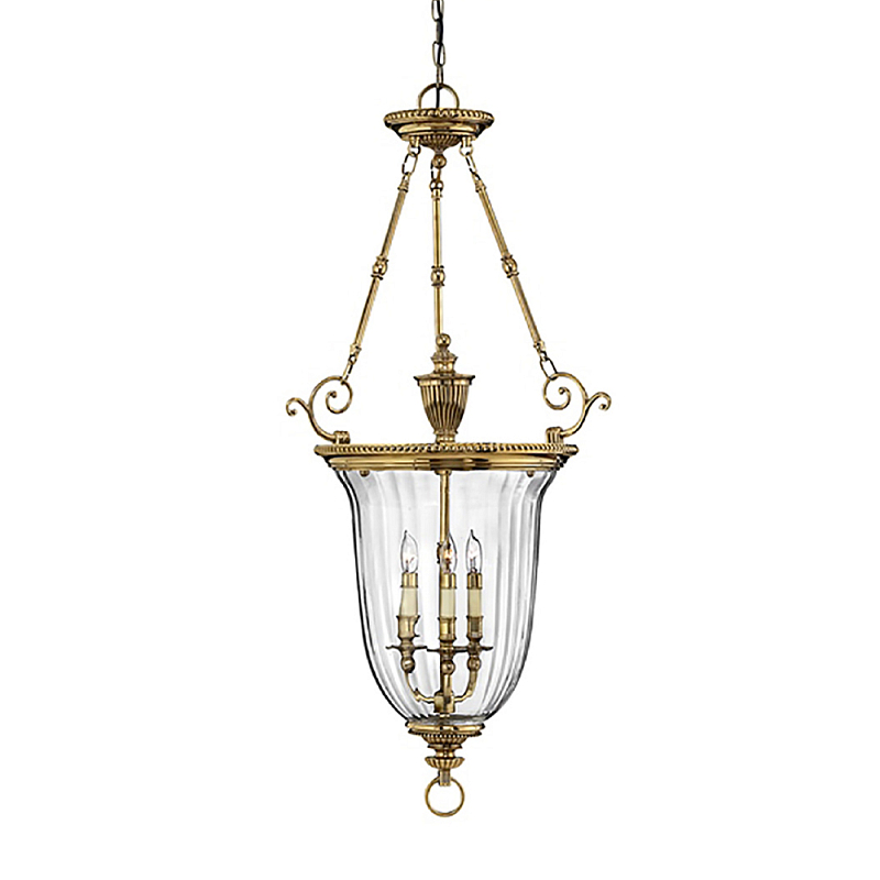 Подвесной светильник латунный с рифленым прозрачным плафоном и тремя свечеподобными лампами в классическом стиле Hinkley Латунь Прозрачное Стекло в Москве | Loft Concept 