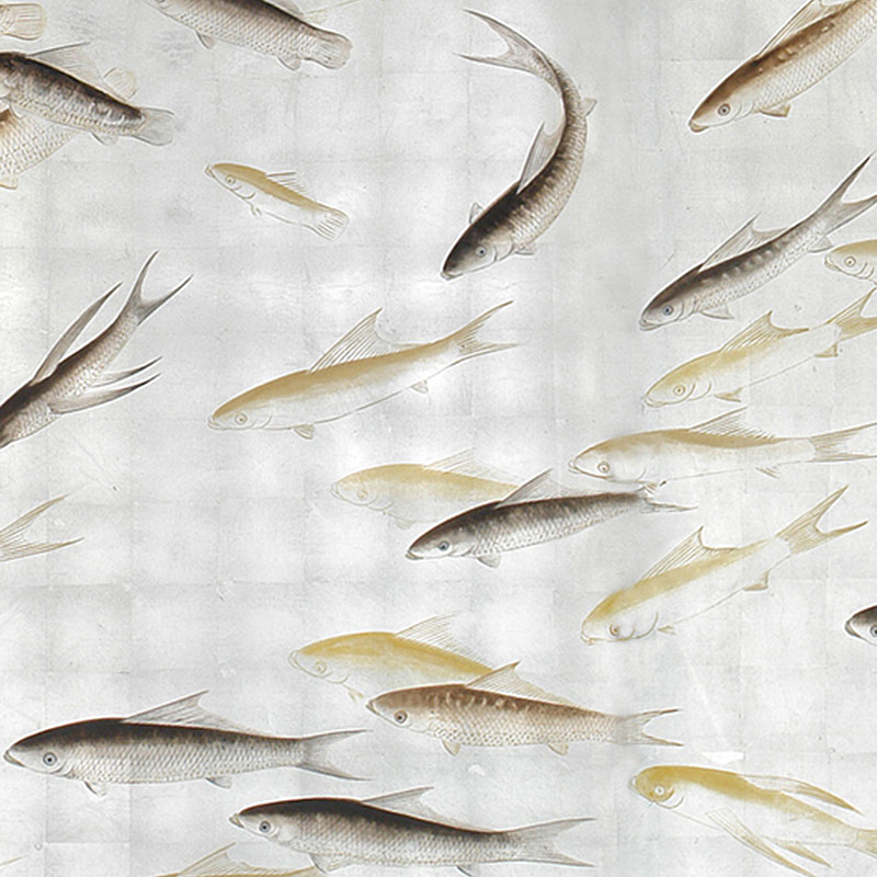 Обои ручная роспись Fishes Amber on Real Silver gilded silk