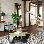 Дизайнерский журнальный стол округлой формы чёрный с золотой столешницей Fufem варинант исполнения - 3 | Loft Concept в Москве