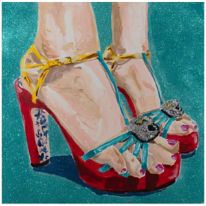 Картина Portrait of Feet with Gucci Red & Blue Heels, Pink Toe Nails, and Turquoise Glitter Background