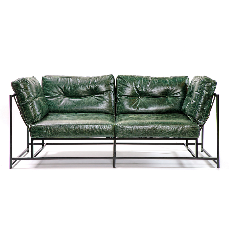 Диван Лофт Натуральная Винтажная кожа Зеленый Two Seat Encounter Leather Sofa Изумрудный Черный в Москве | Loft Concept 