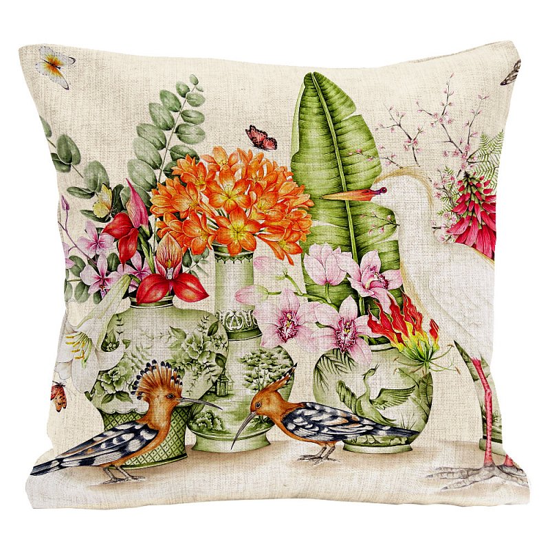   Hoopoes and Flowers Pillow     | Loft Concept 