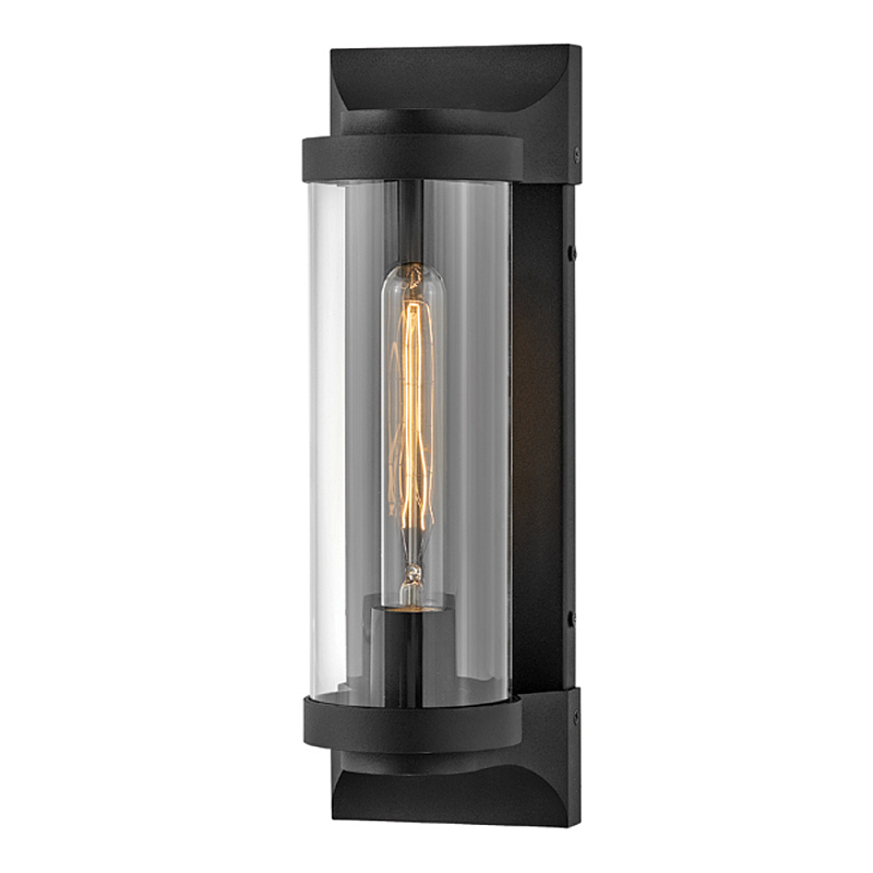 Настенный фонарь в индустриальном стиле с вытянутым цилиндрическим плафоном из прозрачного стекла и черным корпусом Hinkley Черный Прозрачное Стекло в Москве | Loft Concept 