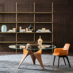 Дизайнерский круглый обеденный стол стеклянный с фигурным подстольем из цемента ARC Dining Table варинант исполнения - 5 | Loft Concept в Москве