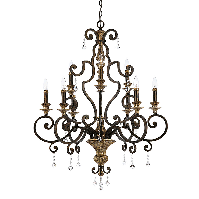 Люстра с подвесками из прозрачного стекла на кованом каркасе бронзового цвета в классическом стиле Quoizel Бронза Прозрачное Стекло Золотой в Москве | Loft Concept 