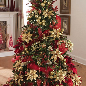 Дизайнерская Елка с Красным и Золотым новогодним декором Christmas Tree Golden Flowers