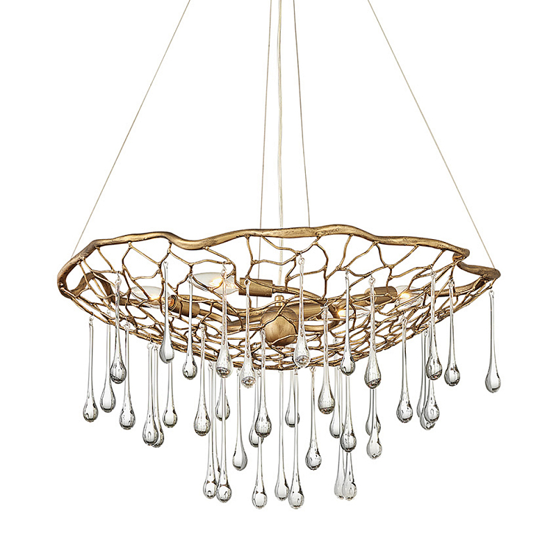 Люстра подвесная золотого цвета с металлическим сетчатым основанием и стеклянными каплевидными подвесками Hinkley Золотой Прозрачное Стекло в Москве | Loft Concept 