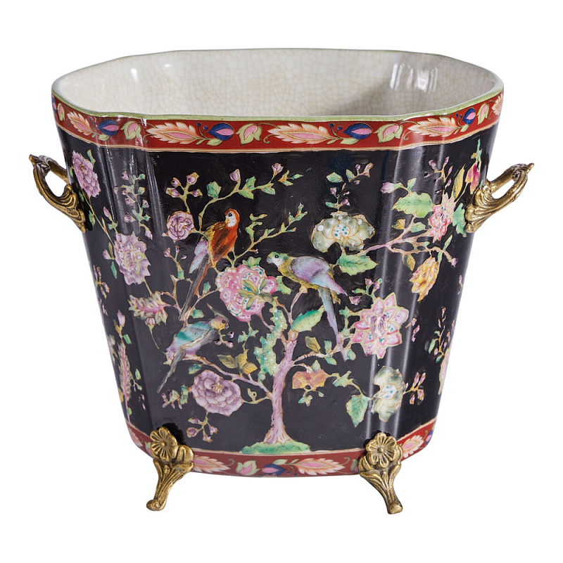 Кашпо из фарфора черная с цветочной росписью и бронзовой стрекозой Spring Garden Мульти Бронза Черный в Москве | Loft Concept 