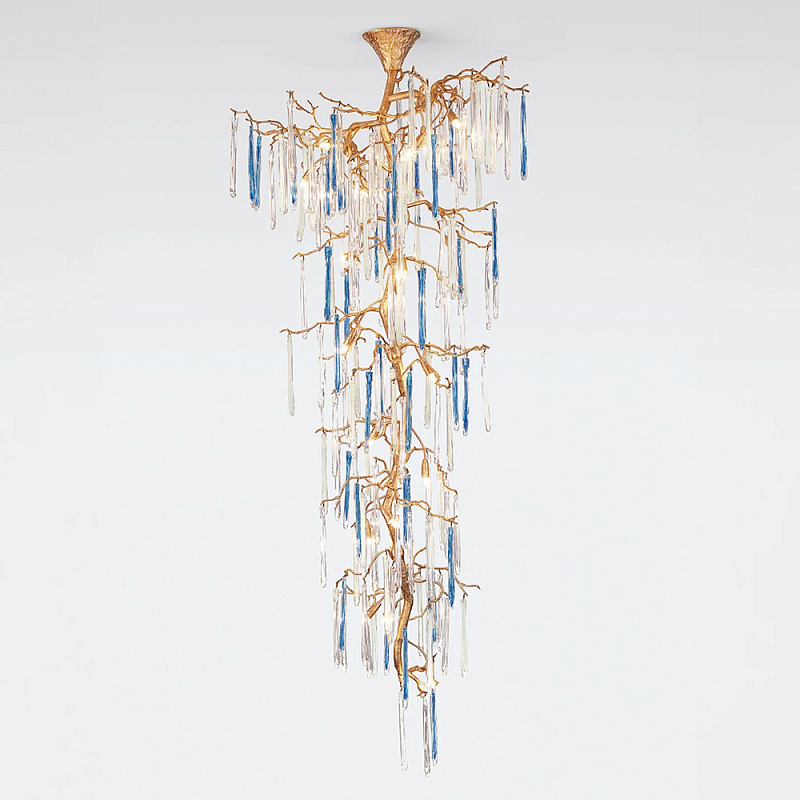 Люстра каскадная с прозрачными и голубыми подвесками в форме капель Droplet Chandelier Золотой Прозрачный Голубой Люстра каскадная с прозрачными и голубыми подвесками в форме капель Droplet Chandelier Золотой Прозрачный Голубой в Москве | Loft Concept