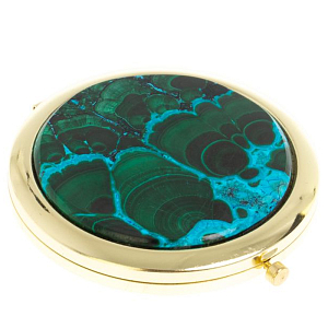 Зеркало карманное складное круглое из натурального камня Малахит с Хризоколлой в подарочной упаковке Gold Stone Mirrors