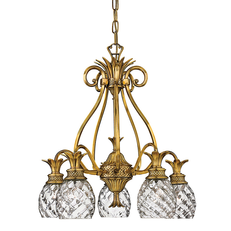 Люстра цвета латунь с 5-ю плафонами из рельефного стекла в форме ананаса Hinkley Латунь Прозрачное Стекло в Москве | Loft Concept 