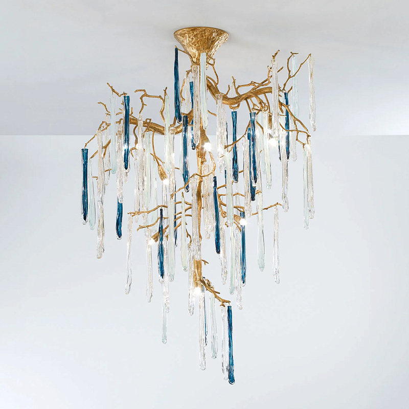 Люстра с прозрачными и голубыми подвесками в форме капель Droplet Chandelier Золотой Прозрачный Синий Люстра с прозрачными и голубыми подвесками в форме капель Droplet Chandelier Золотой Прозрачный Синий в Москве | Loft Concept