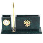 Настольный письменный набор с гербом России и часами из природного камня змеевик Successful Leader варинант исполнения - 1 | Loft Concept в Москве