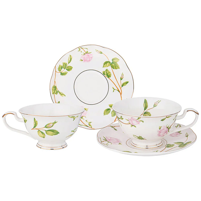 Чайный набор из фарфора белый с цветочным принтом на 2 персоны 4 предмета Flower Porcelain Collection Белый Мульти в Москве | Loft Concept 