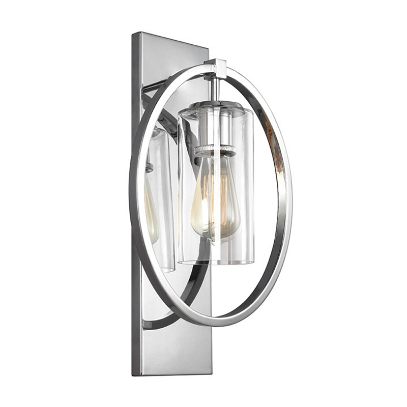 Бра цвета хром с круглой рамой и цилиндрическим прозрачным стеклянным плафоном на прямоугольном основании Feiss Хром Прозрачное Стекло в Москве | Loft Concept 
