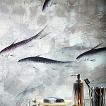 Обои ручная роспись Fishes Blue Pearl on Tarnished Silver gilded silk with pearlescent antiquing варинант исполнения - 5 | Loft Concept в Москве