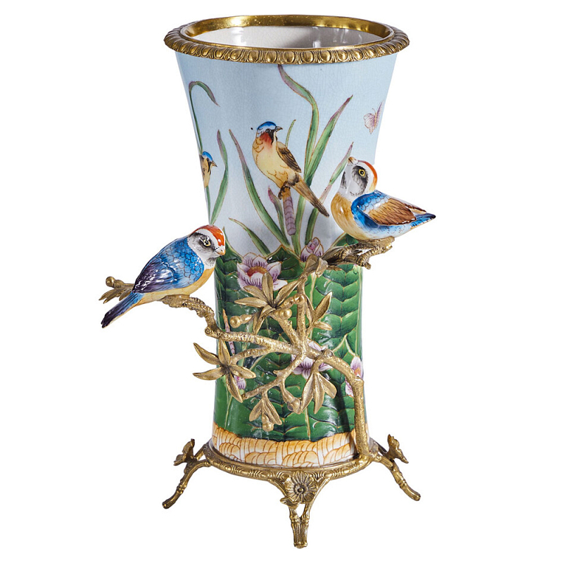 Ваза из фарфора с птицами на бронзовой ветке Garden of Eden Бронза Мульти в Москве | Loft Concept 
