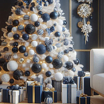 Украшенная Белая Новогодняя Елка с сине-белыми шарами и и муляжами подарков в комплекте варинант исполнения - 2 | Loft Concept в Москве