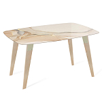 Обеденный стол с прямоугольной бежевой столешницей из стекла на 4-х деревянных ножках Beige Marble варинант исполнения - 1 | Loft Concept в Москве