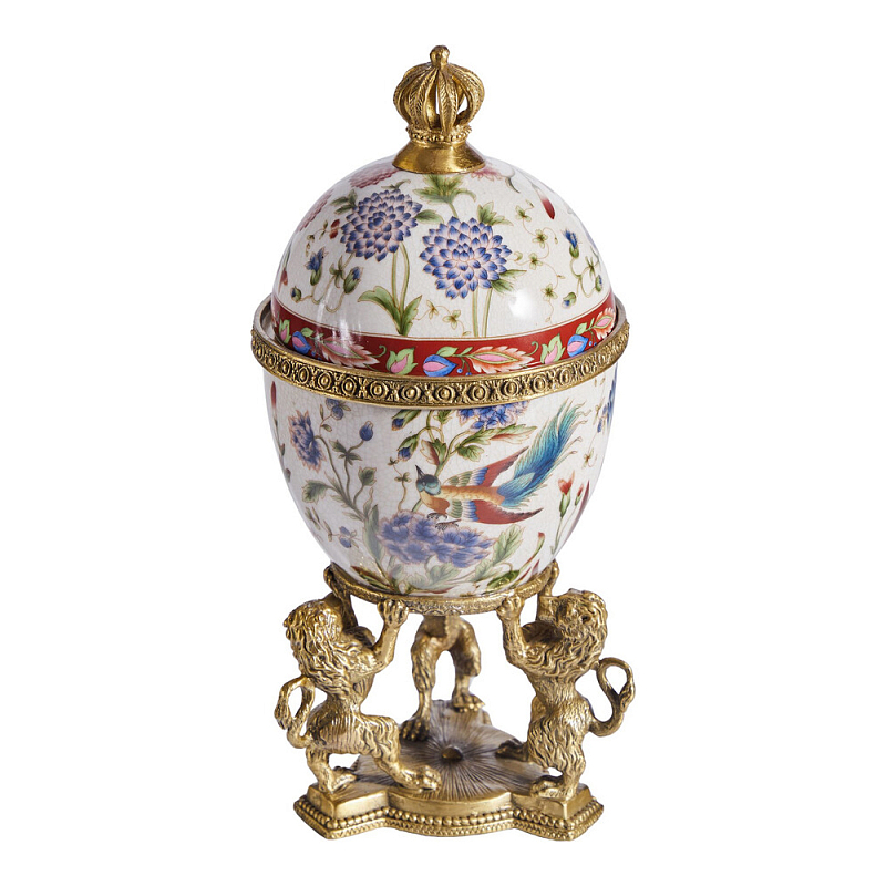 Шкатулка в форме яйца на величественных львах из фарфора с бронзовыми элементами Eden Garden Белый Черный Бронза Мульти в Москве | Loft Concept 