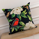 Декоративная подушка чёрная с изображением птиц и цветов Blooming Reds Birds варинант исполнения - 2 | Loft Concept в Москве