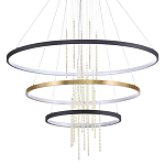 Люстра подвесная с 3-мя круглыми подвесами в черном и золотистом цвете и вертикальными подвесками Ring Horizontal варинант исполнения - 1 | Loft Concept в Москве