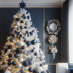 Украшенная Белая Новогодняя Елка с сине-белыми шарами и и муляжами подарков в комплекте варинант исполнения - 1 | Loft Concept в Москве