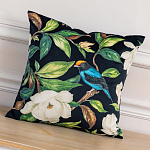 Декоративная подушка чёрная с изображением птиц и цветов  Blooming Blue Birds варинант исполнения - 2 | Loft Concept в Москве