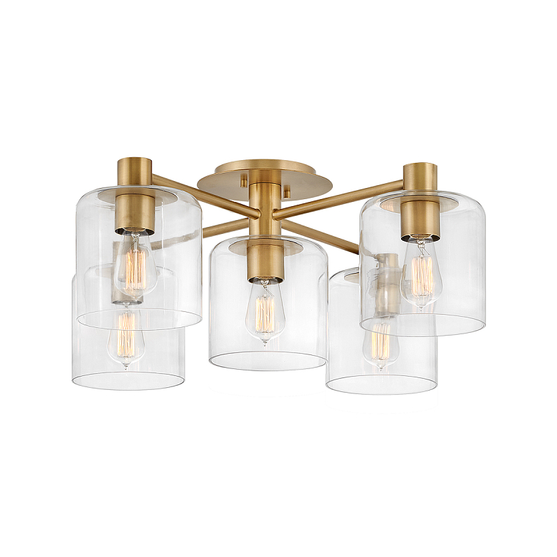 Потолочный светильник цвета латунь с пятью прозрачными цилиндрическими плафонами Hinkley Латунь Прозрачное Стекло в Москве | Loft Concept 